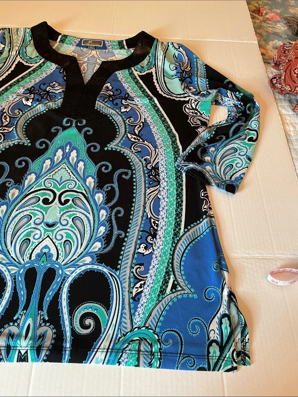 JM Collection Blue, Teal & Black Sequin V-Neck Blouse - Picture 2 of 9